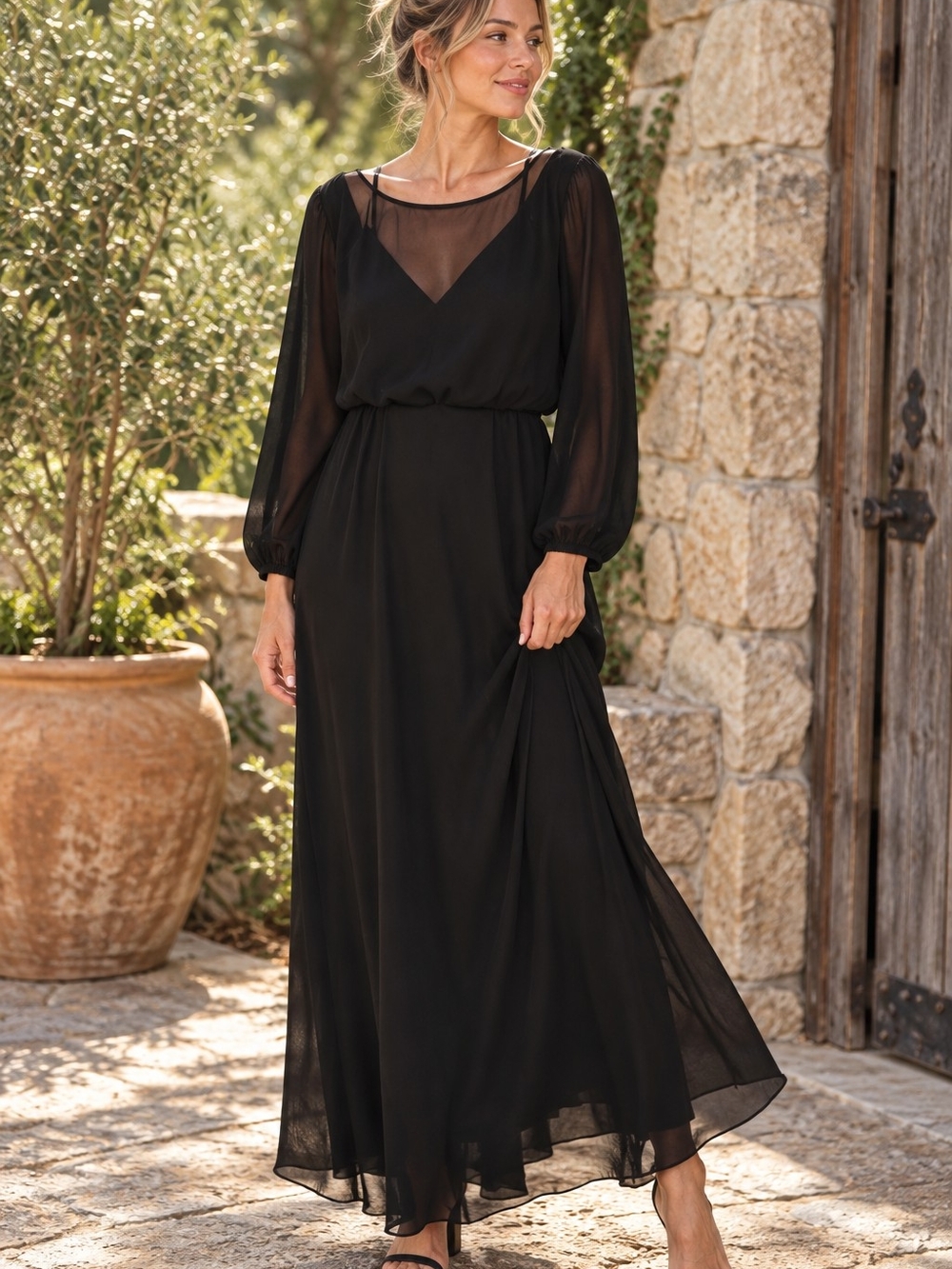 Lulus Black Chiffon Maxi Dress 2X Sheer Long Sleeve Adjustable Straps Formal